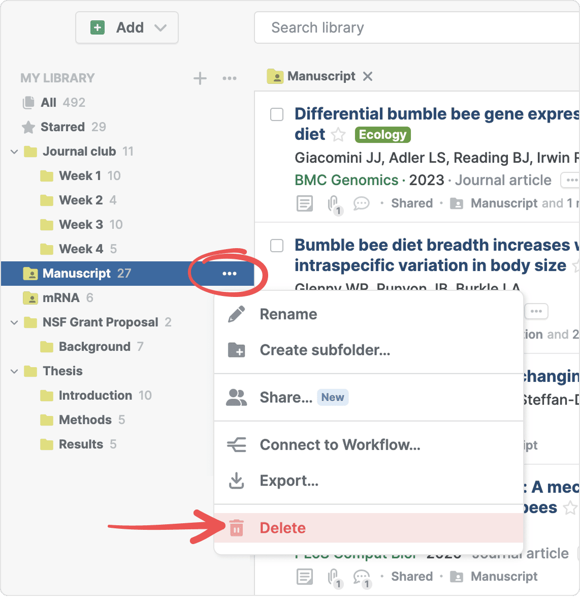 The sidebar with the Manuscript folder’s circled three-dot menu open and an arrow pointing to the red Delete option, below Rename, Create subfolder…, Share…, Connect to Workflow… and Export…